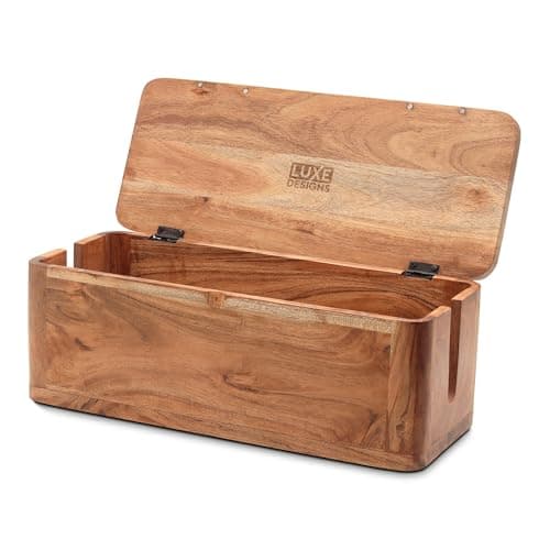 Acacia Wood Large Cable Management Box - Power Strip and Desk Cord Organizer