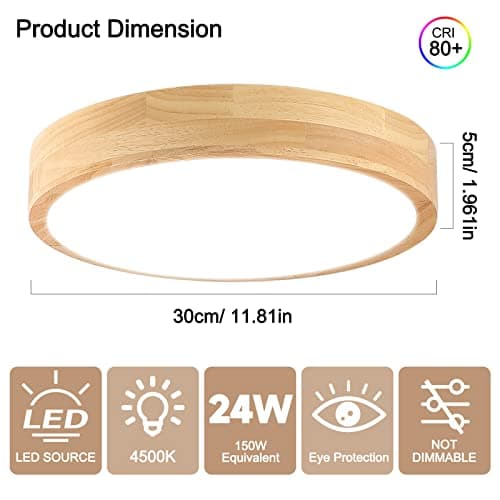 12 Inch 24W Wood Flush Mount Ceiling Light for Bedroom, Kitchen & Hallway, Natural White 4500K
