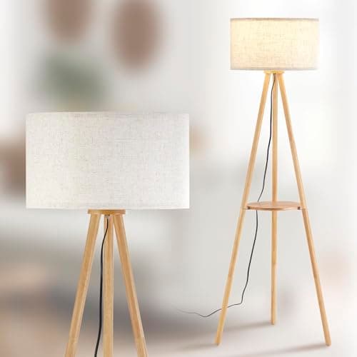 Brown Wooden Floor Lamp with 3 Color Temperature LED, Footswitch, ETL Listed — FSC Natural Wood and Linen Shade