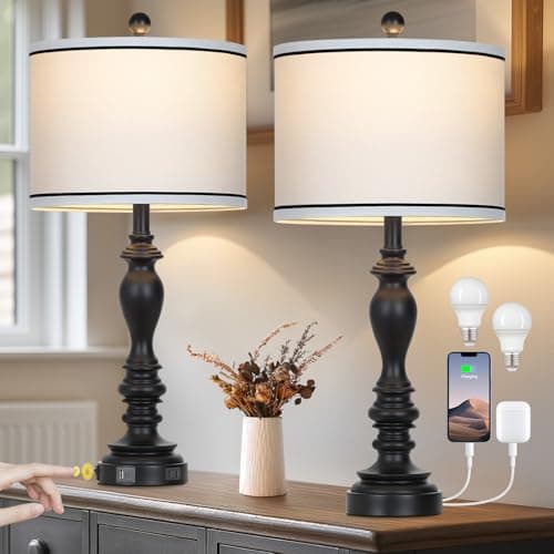 27" Rustic Farmhouse Dimmable Touch Table Lamp Set of 2 with USB Ports — Set of 2-Black-27.5"-Rocker Switch