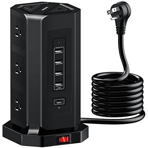 NVueShox Power Strip Tower, 9 AC & 4 USB, 6.5 Ft Cord, Surge Protector, Wood Grain — All Black+10 FT