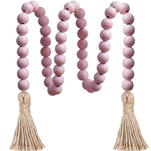 Meplait Natural Wood Bead Garland with Tassels, Boho Farmhouse Wall Hanging — Pink