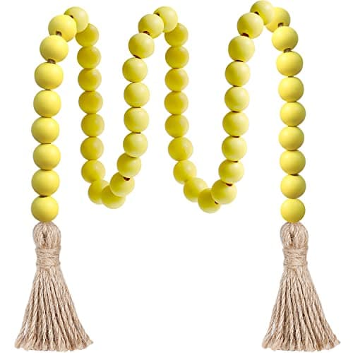 Meplait Natural Wood Bead Garland with Tassels, Boho Farmhouse Wall Hanging — Yellow