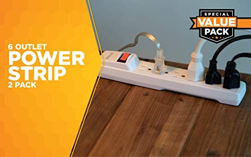 Power Strip with 6 Outlets, 2.5' Cord and Durable White Housing, 2-Pack