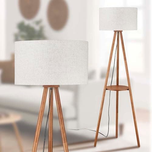 Brown Wooden Floor Lamp with 3 Color Temperature LED, Footswitch, ETL Listed — FSC Brown Wood and Linen Shade