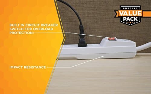 Surge Protector with Overload Safety for Home/Office, 6 Outlets, 2.5 Ft Cord, 2 Pack