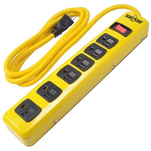 Woods WIRE Southwire Yellow Jacket 14/3 6-Outlet Heavy Duty Metal Strip 6' Cord Safety Covers
