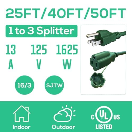 25FT Outdoor Extension Cord with 3 Outlets for Christmas Lights