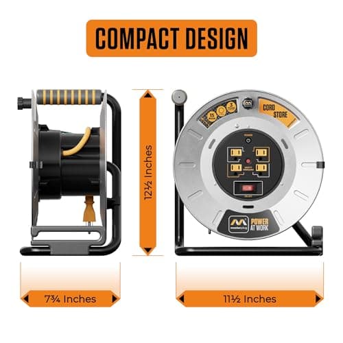1ft Metal Cord Reel with Safety Breaker & 4 Outlets, 15A 12AWG Cable