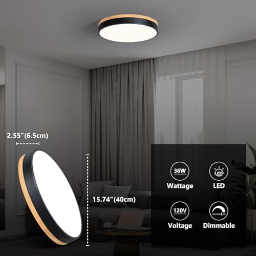 Minimalist Black 15.7" Dimmable LED Oak Flush Mount Ceiling Light