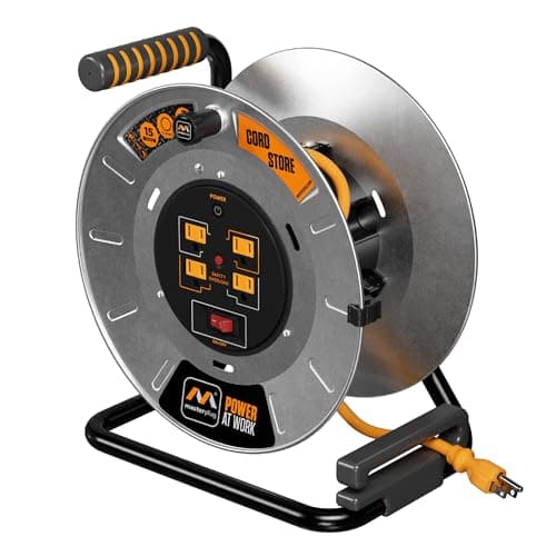 1ft Metal Cord Reel with Safety Breaker & 4 Outlets, 15A 12AWG Cable