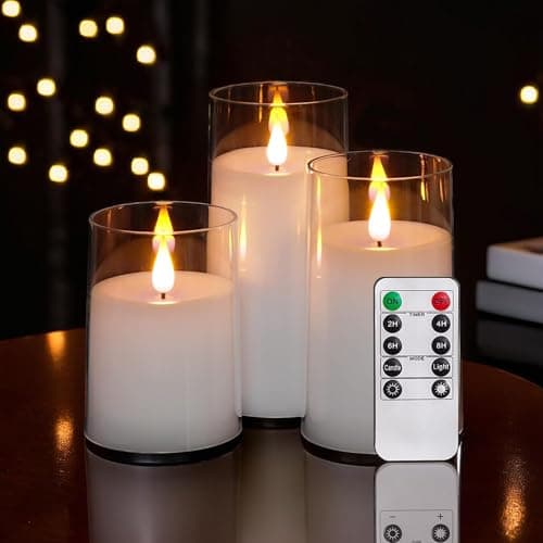Niceme Real Wax Flameless Pine Bark Candles Set of 3 with Remote Timer — White