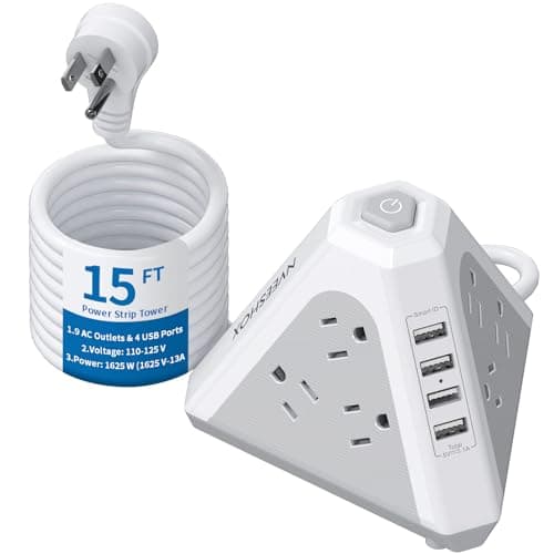 NVueShox Power Strip Tower, 9 AC & 4 USB, 6.5 Ft Cord, Surge Protector, Wood Grain — White Gray+15 FT