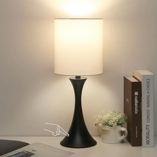 3 Way Dimmable Touch Control Wood Grain Farmhouse Bedside Lamp — Black Base with White Shade