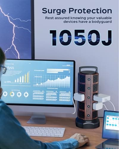 JACKYLED 1050J Surge Protector Tower, 20 AC Outlets, 6 USB Ports, Black Walnut