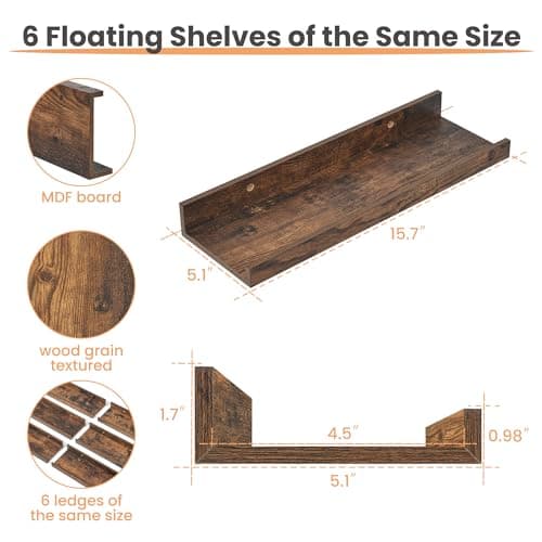 Usimples Brown Floating Shelves for Wall Decor & Storage Set of 6