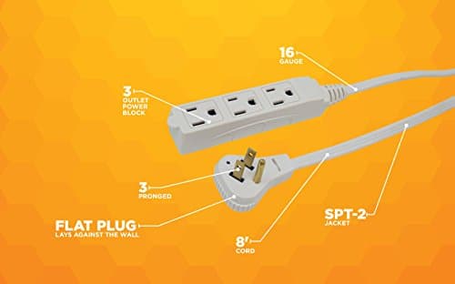 Woods SlimLine 8ft 16 Gauge Right Angle Indoor Extension Cord, White