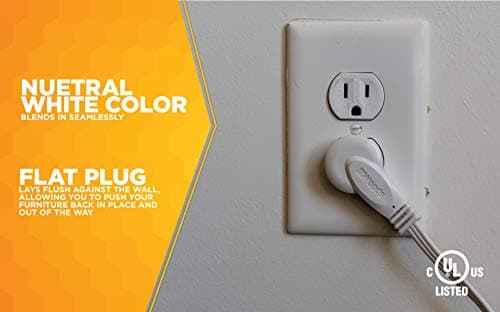 Slimline Flat Plug Extension Cord for Woods, 6Ft, 16 Gauge, 3-Outlet, White