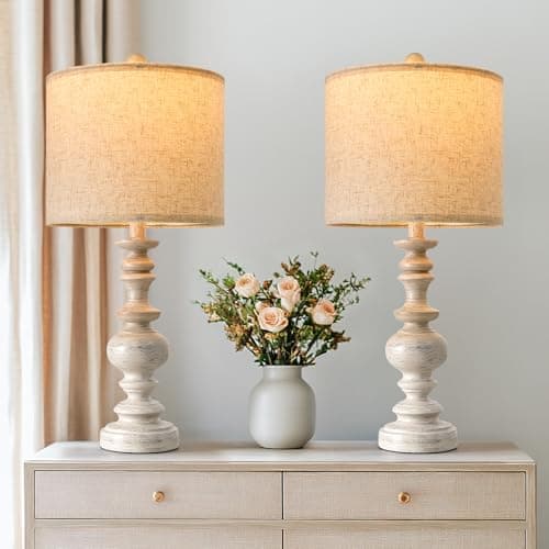 BOBOMOMO 20.5" Farmhouse Resin Side Table Lamp for Bedrooms & Living Room — 24 Inches)2 Pack Antique White