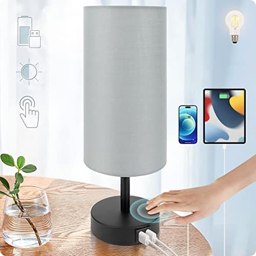 Yarra-Decor Touch-Control Bedside Table Lamp with USB, 3-Way Dimmable, Round Fabric Shade — Gray