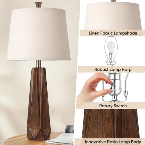 WIHTU 2 Color Temperature Table Lamps, Linen Shade, Modern Wood Grain Desk Lamp (2 Bulbs Included)