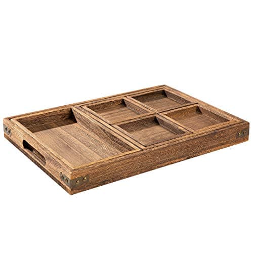 Yangbaga Rustic Wooden Serving Trays with Handle - Set of 7 Rectangular Platters