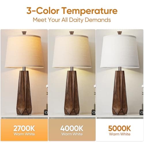 WIHTU 2 Color Temperature Table Lamps, Linen Shade, Modern Wood Grain Desk Lamp (2 Bulbs Included)