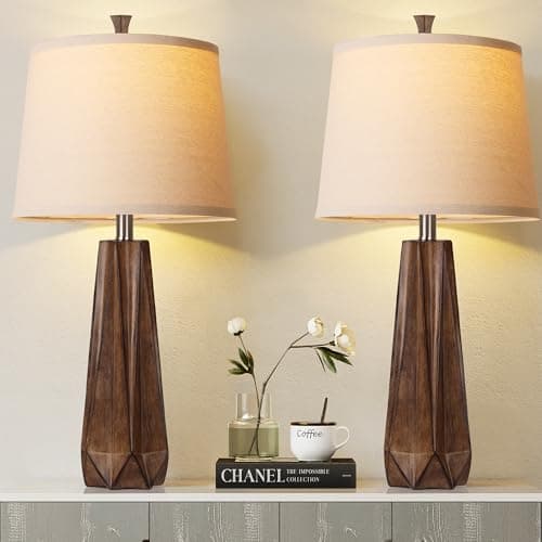 WIHTU 2 Color Temperature Table Lamps, Linen Shade, Modern Wood Grain Desk Lamp (2 Bulbs Included)