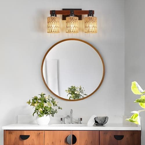 Rustic Farmhouse Wood Vanity Light, Handmade Bamboo Woven Basket Shade