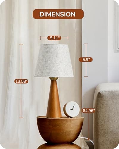 EDISHINE 13.58" Small Table Lamp, Beige Linen Shade, Dark Rosewood Base, Nursery Bedroom Lamp