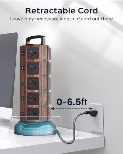 JACKYLED 1050J Surge Protector Tower, 20 AC Outlets, 6 USB Ports, Black Walnut