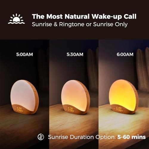 REACHER Wood Grain Sunrise Alarm Clock & Sound Machine, Digital Dimmable, 26 Sleep Sounds White Noise Machine