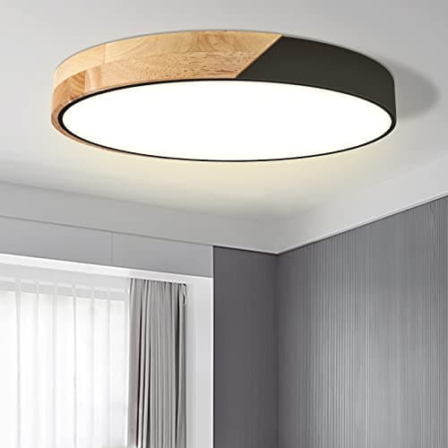12 Inch 24W Wood Flush Mount Ceiling Light for Bedroom, Kitchen & Hallway, Natural White 4500K — Black 3000K Warm White