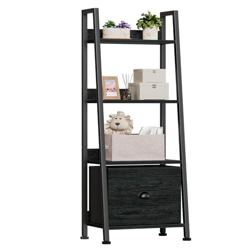 Furologee Rustic 5-Tier Ladder Shelf, Wood & Metal Storage Organizer — Black Oak
