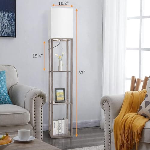 Rustic Wood Corner Floor Lamp with Shelves for Living Room and Bedroom Home Decor