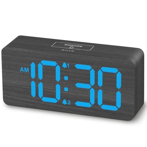 USCCE Wooden Digital Alarm Clock: Dimmable Dual Alarm with Large Numbers - Loud Alarm for Heavy Sleepers - Wood Decor — Gray - Blue Digits