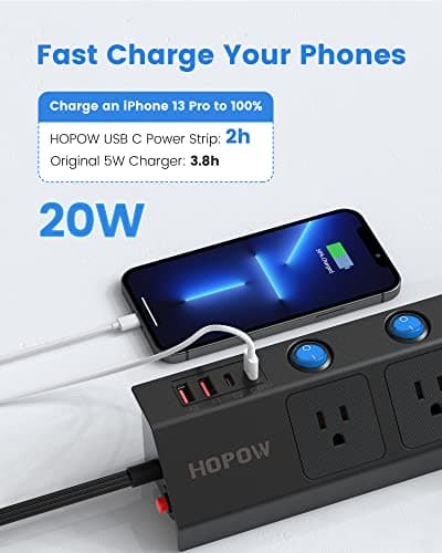 Flat Plug Power Strip with Individual Switches, 5-Outlet Surge Protector with 2 USB-C (20W PD) & 2 USB-A, 1700 Joules, Wall Mount for Home Office, Black