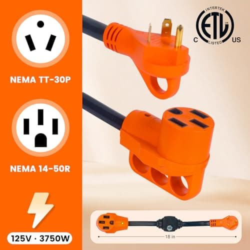 30-50 Amp RV Overload Protector Adapter, NEMA TT-30P to NEMA 14-50R Cord with LED Indicator, ETL Listed