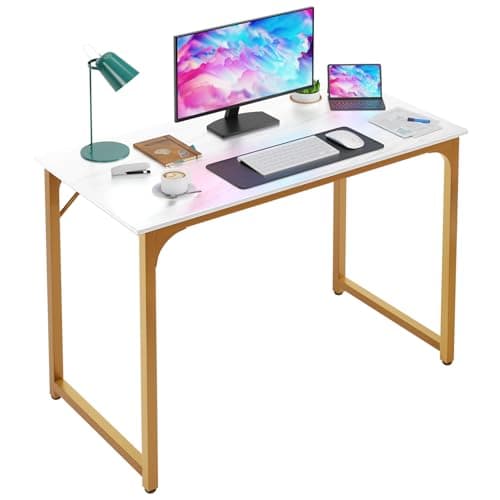Modern Home Office Gaming Desk for Small Spaces, White Gold