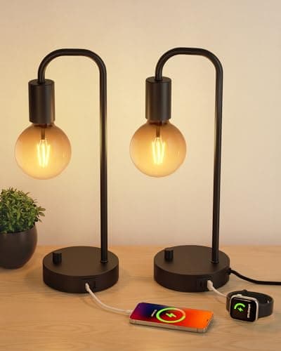 ONEWISH Fully Dimmable Warm Bedside Lamps for Kids Reading (2700K Bulb Included) — USB Black 2 packs