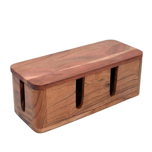 Acacia Wood Large Cable Management Box - Power Strip and Desk Cord Organizer — Natural Acacia with Slots