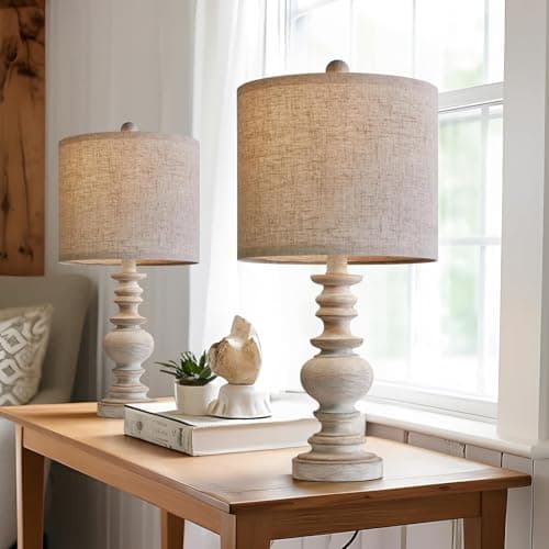 BOBOMOMO 20.5" Farmhouse Resin Side Table Lamp for Bedrooms & Living Room — 2 Pack Antique Gray