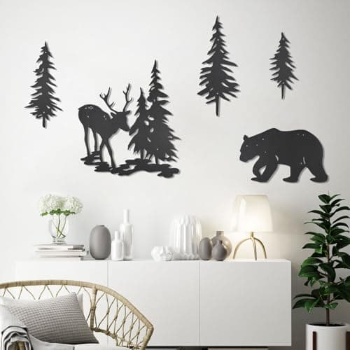 OYEFLY Rustic Black Deer Bear Pine Wall Art (5 Pieces)