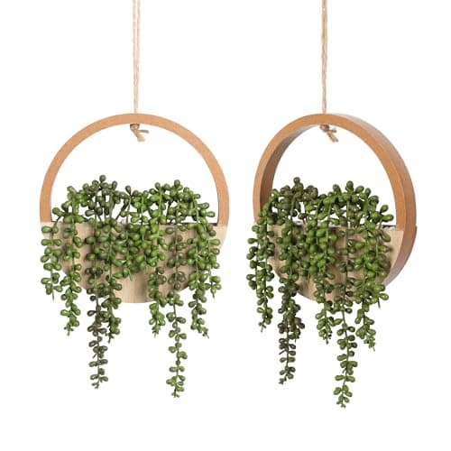 Floweroyal 2pcs Artificial Succulents Hanging Plants with 8.3'' Lanyard Pot Decor (Wood Color)