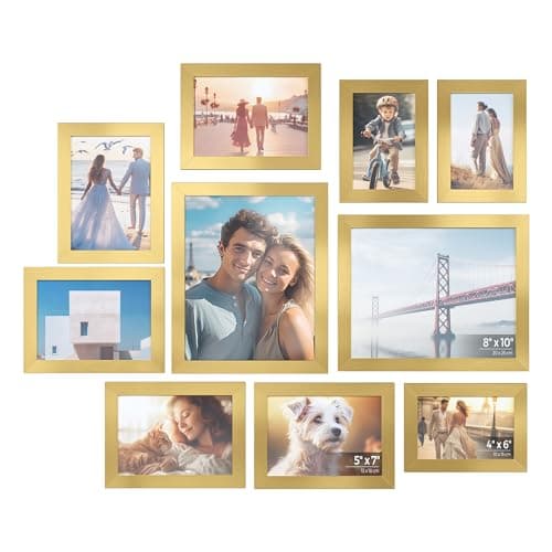 SONGMICS Collage Picture Frames Set of 10, Rustic Brown Glass — Pale Gold
