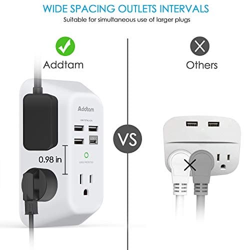 Addtam 1800J 3-Sided Power Strip with 5 Outlets & 4 USB Ports Surge Protector