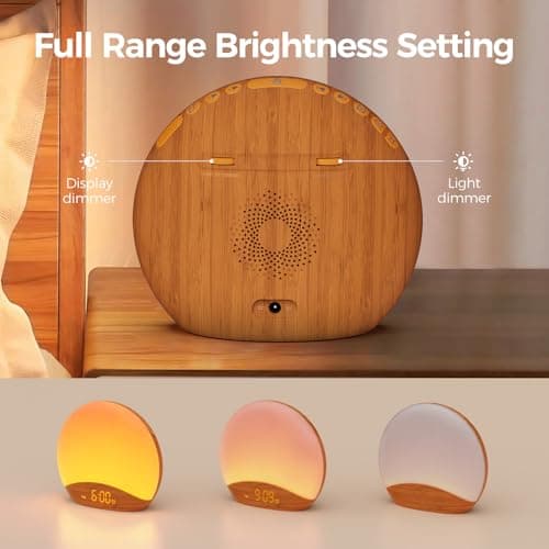 REACHER Wood Grain Sunrise Alarm Clock & Sound Machine, Digital Dimmable, 26 Sleep Sounds White Noise Machine