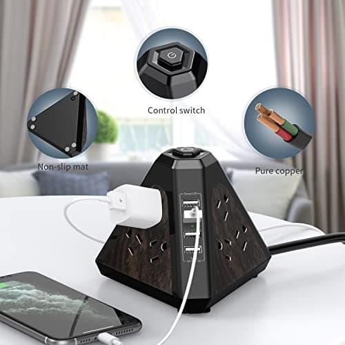 NVueShox Power Strip Tower, 9 AC & 4 USB, 6.5 Ft Cord, Surge Protector, Wood Grain