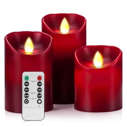 Battery Operated 3D Wick Flameless Pillar Candles with Remote Control — Burgundy