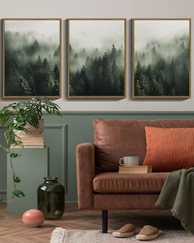 SHENIFY Green Fog Pine Tree Forest Canvas Art 11x14in Modern Framed Decor
